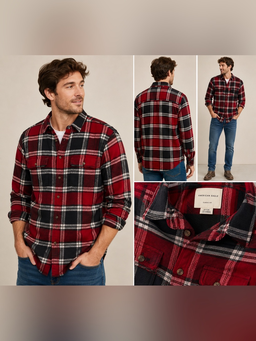 American Eagle Men’s Small Classic Fit Red Black Plaid Flannel Button UpShirt